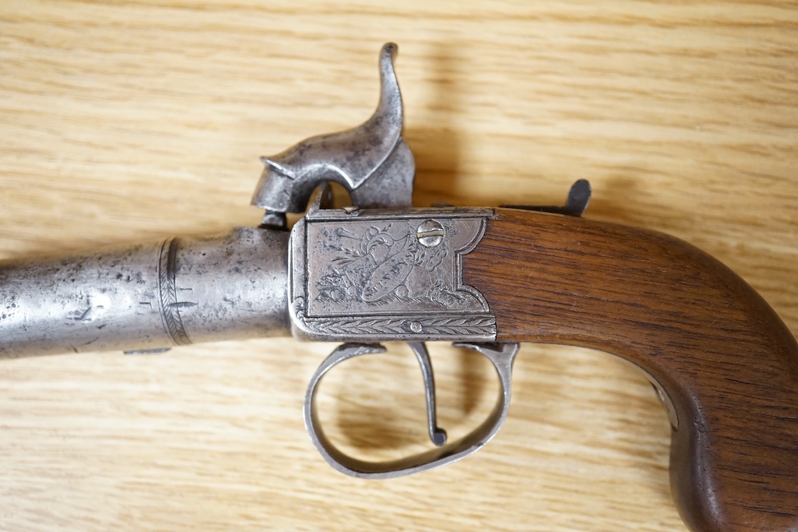 A boxlock percussion pocket pistol with turn off barrel, liege proof, frame engraved; Stevens, Holborn, London